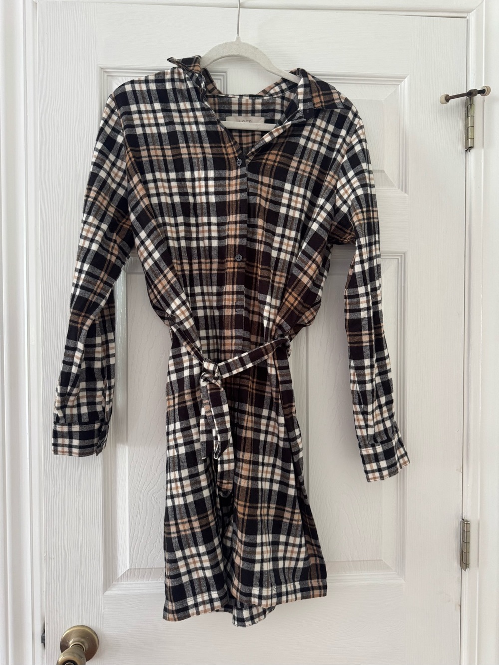 LOFT Black, Cream & Tan Plaid Shirt Dress